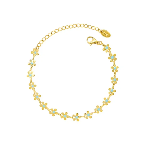 316L Stainless Steel 18K Gold Plated Blue Enamel Flower Delicate Bracelet