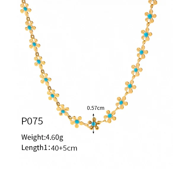 316L Stainless Steel 18K Gold Plated Blue Enamel Flower Delicate Necklace