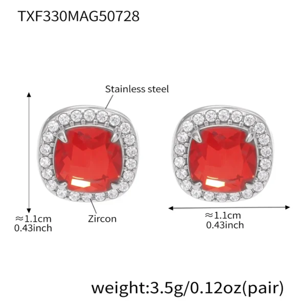 316L Stainless Steel Red Glass Stone Stud Earrings – 18K PVD Gold